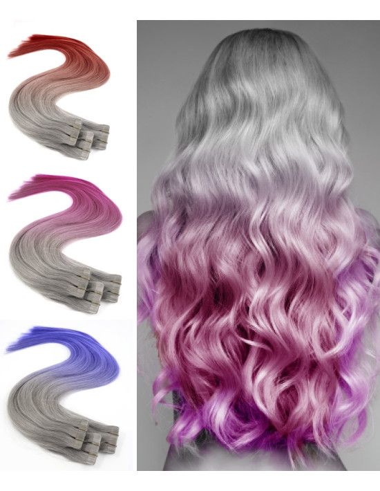 10 Tape Hair extensions de cheveux gris Tie & Dye Crazy Colors
